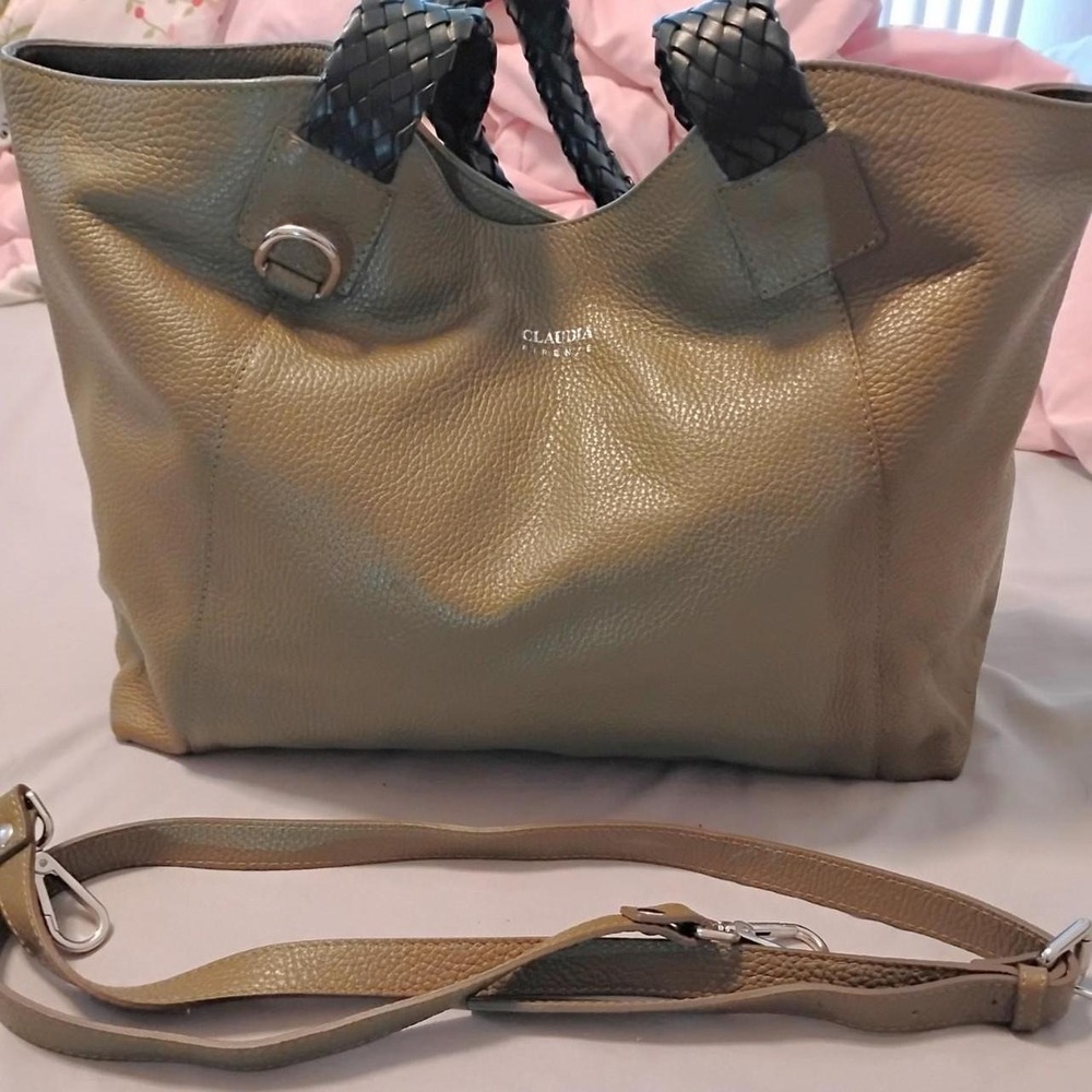 Claudia Firenze Olive Green Pebble Leather Tote Bag clean preppy quiet luxury